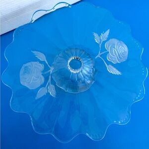 Vintage Clear Glass Cake Plate on Pedestal Scalloped Edge Embossed Frosted Roses